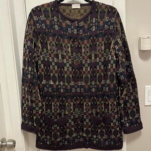 VTG Rodier France Purple Printed Wool Blend Cardigan Sweater Jacket Size XL